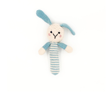 Load image into Gallery viewer, Crochet Baby Toy Stick rattle – bunny duck egg blue