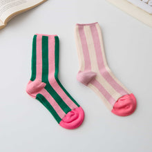Load image into Gallery viewer, Women’s Cotton Striped Crew Socks – Contrast Toe