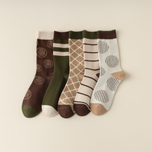 Load image into Gallery viewer, Versatile Retro Green Coffee Cotton Socks - Striped &amp; Smiley
