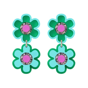Double Flower Stud Earrings - Green
