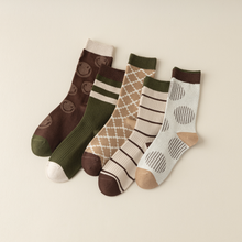 Load image into Gallery viewer, Versatile Retro Green Coffee Cotton Socks - Striped &amp; Smiley
